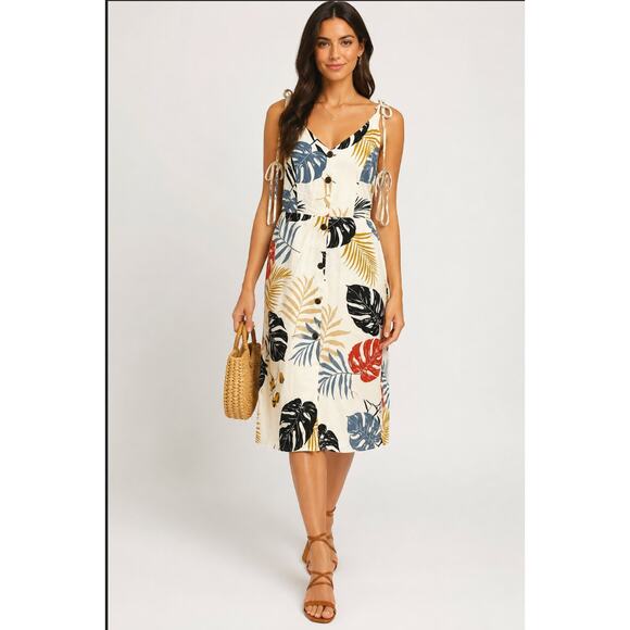 Monteau Dresses & Skirts - Monteau Tropical Print Linen Blend Midi Dress Resort Vacation Style S